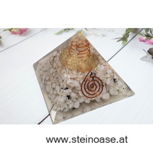 Orgonit Pyramide Mondstein & Blume des Lebens & Herkimer Kristall & Spirale